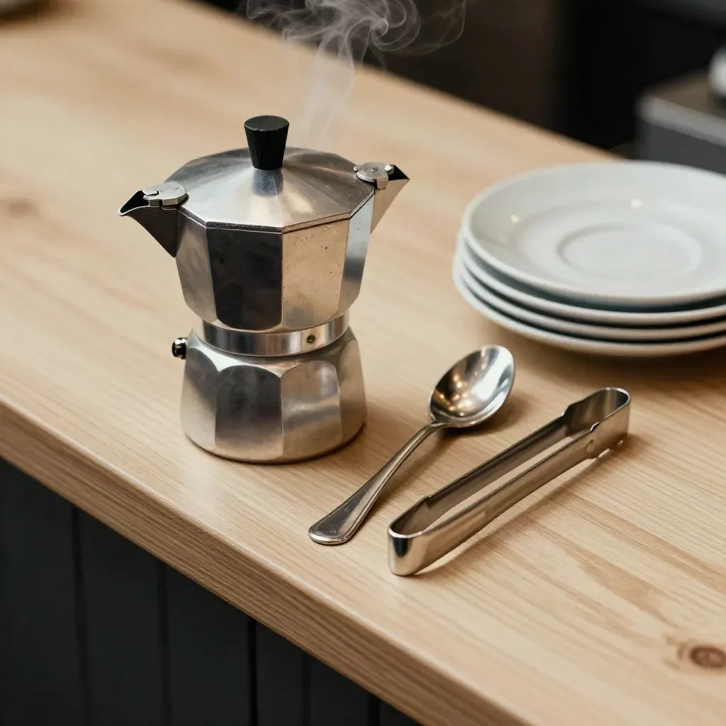 Caffettiera moka, cucchiaino e pinze zucchero su legno chiaro con luce radente.