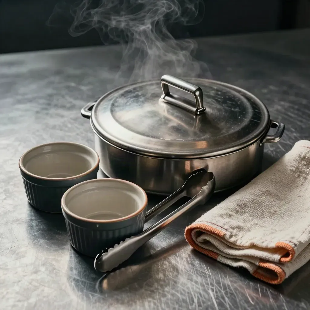 Set catering in acciaio con fermaglio coperchio, pinze, ramekin e nastro di lino