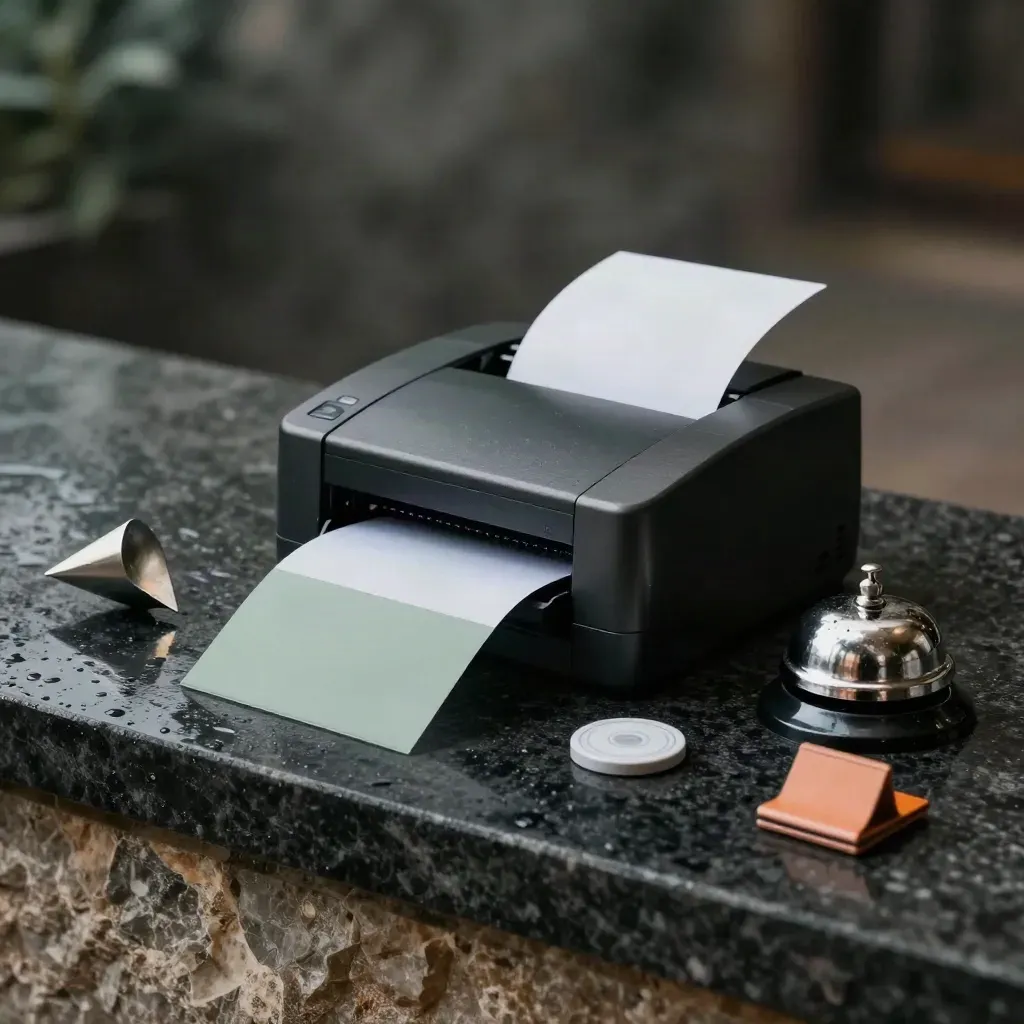 Stampante termica, campanello e accessori su pietra bagnata, luce calda e atmosfera da ristorante.