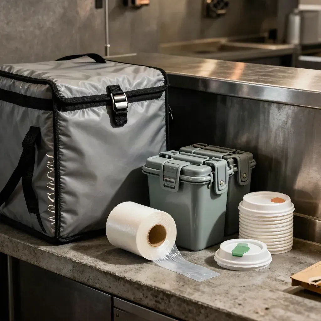 Kit consegna takeaway con fibbia, sigilli, latch contenitori e coperchi bicchieri su banco scuro.