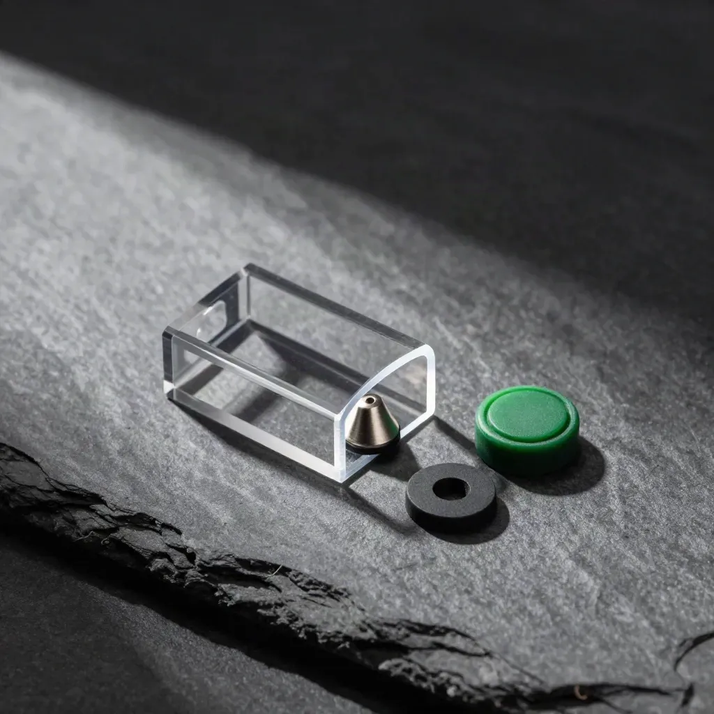 Espositore acrilico, puck NFC e piedini in metallo su pietra grafite