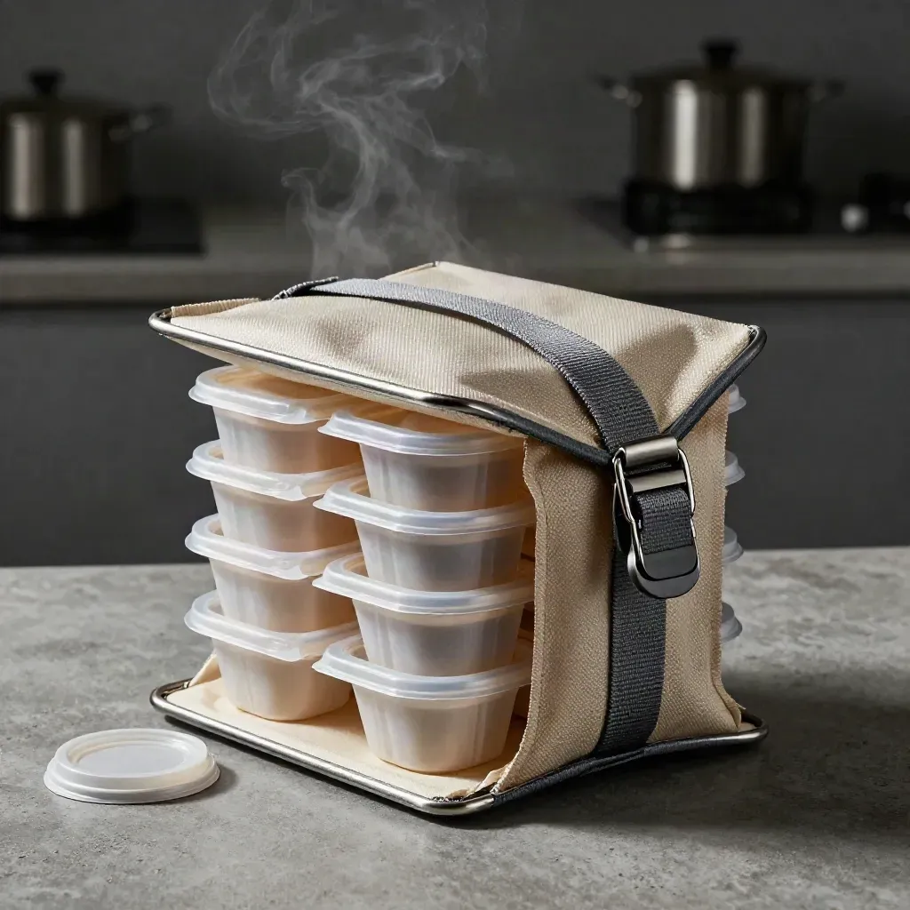 Chiusura di borsa termica con contenitori sigillati e coperchi, ripresa macro dall’alto.