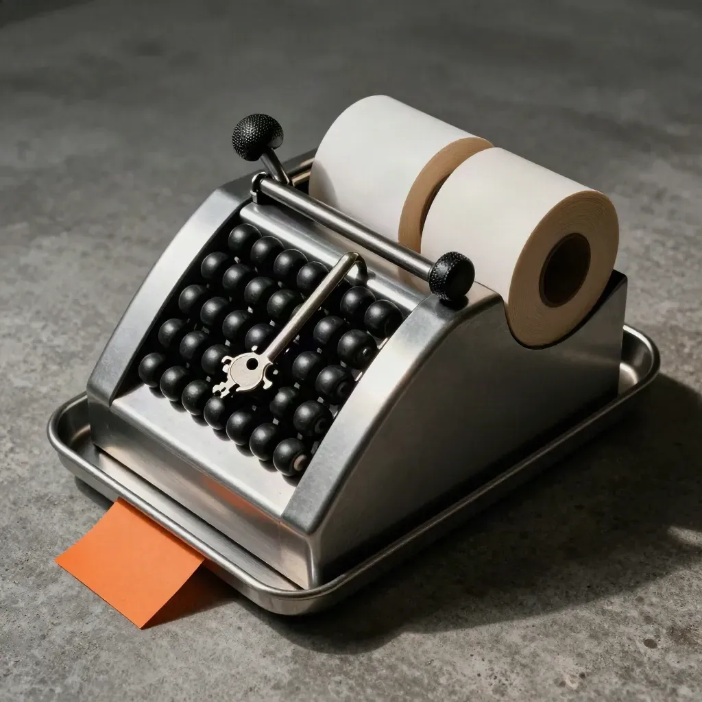 Kit per conteggio vendite con contatore meccanico, rotoli scontrino e vassoio metallico su cemento scuro.