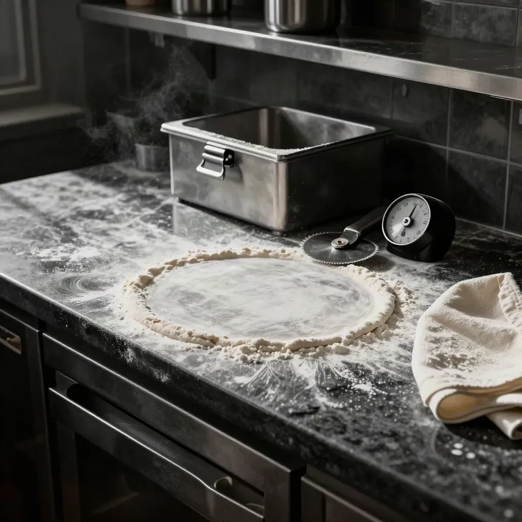 Pala da pizza infarinata, box impasto, tagliapizza e timer sul banco in preparazione