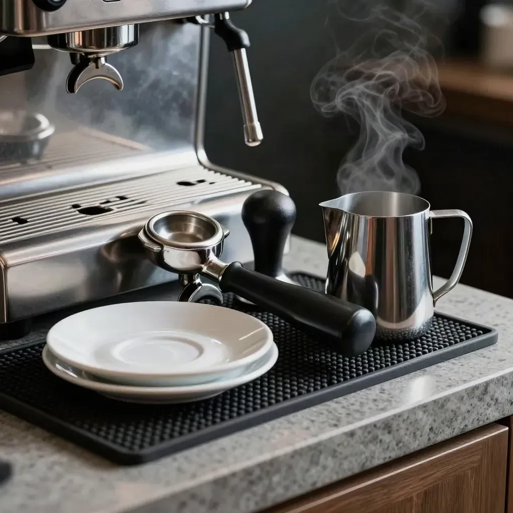 Kit da caffetteria con portafiltro, tamper, tazzine e bricco latte su banco in pietra