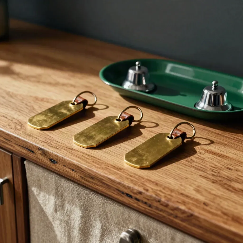 Oggetti in ottone e chiavi di servizio su legno, con luce morbida e sfocatura in primo piano.