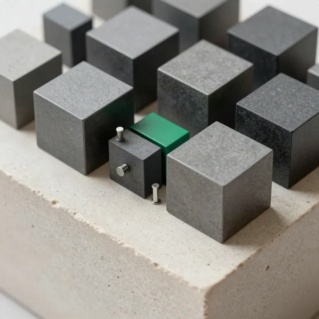 Cubi modulari e distanziatori magnetici su pietra chiara, luce radente e accento verde basilico.